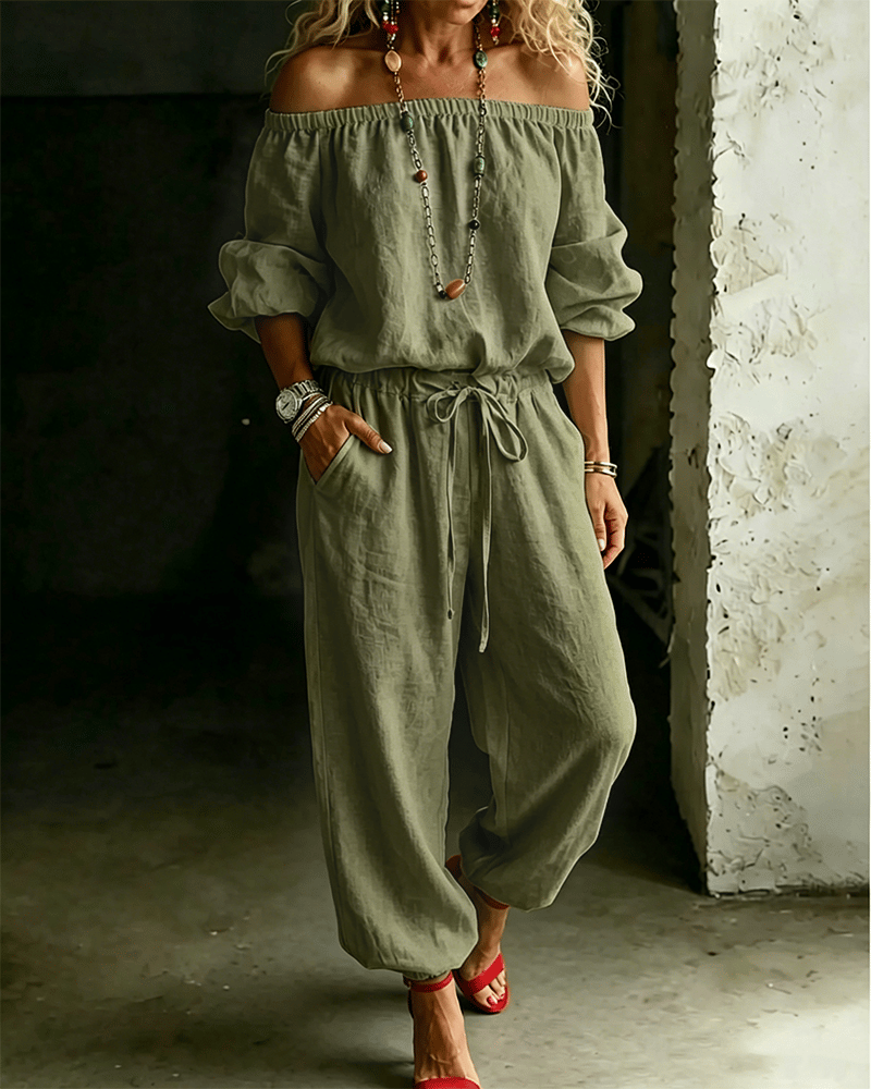 LuxeSilhouette β Off-Shoulder Tie Waist Jumpsuit