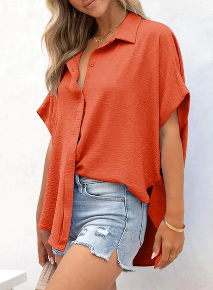 VeloraFit – Solid Color Short Sleeve Button Top
