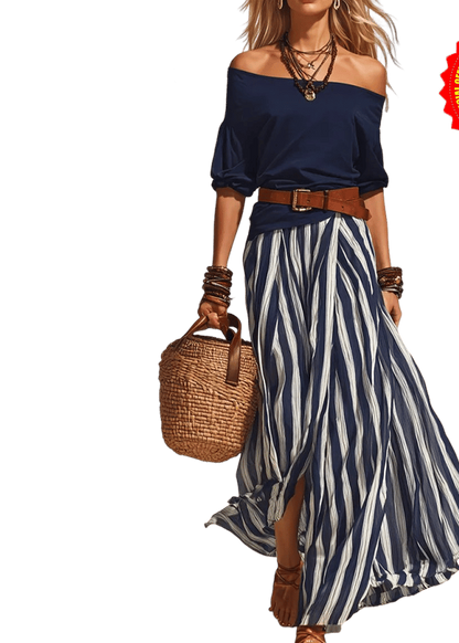 StripeLuxe – Striped Maxi Skirt Set with Belt