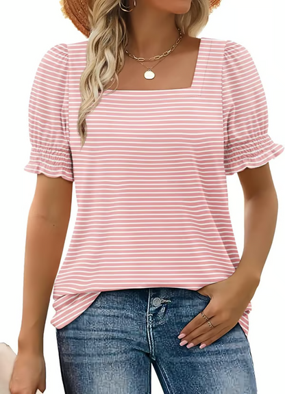StyleMuse – Square Neck Smocked Sleeve Casual Top