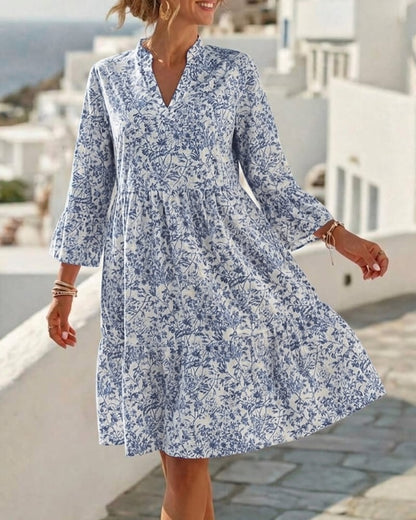 BloomLayer – Floral Tiered V-Neck Dress
