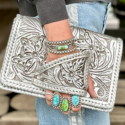 LuxeBlossom – Silver Flower Dance Western Style Clutch