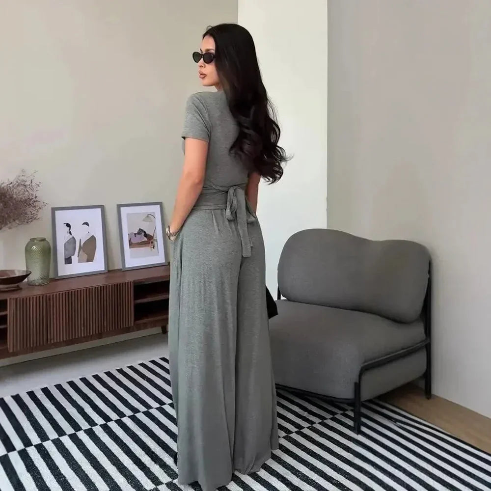 MaisonLuxe – Sophisticated Wrap Top & Wide Leg Pants Set