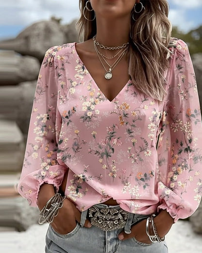LunaPuff Chic – V-Neck Casual Blouse