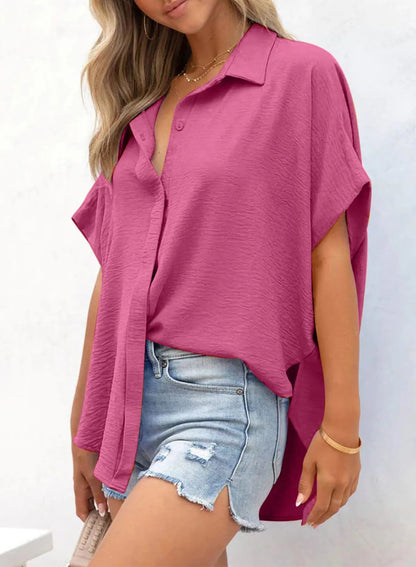 VeloraFit – Solid Color Short Sleeve Button Top