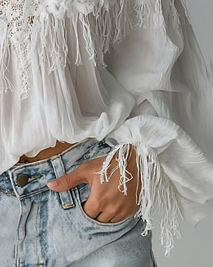 GlowCharm Blouse – Tassel Back Elegance