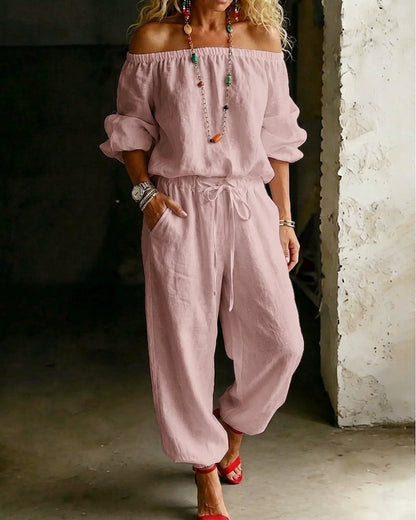 LuxeSilhouette – Off-Shoulder Tie Waist Jumpsuit