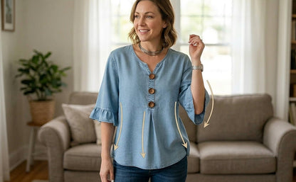 SoftDrape - Feminine V-Neck Flared Sleeve Denim Blouse