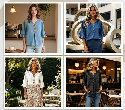 SoftDrape - Feminine V-Neck Flared Sleeve Denim Blouse
